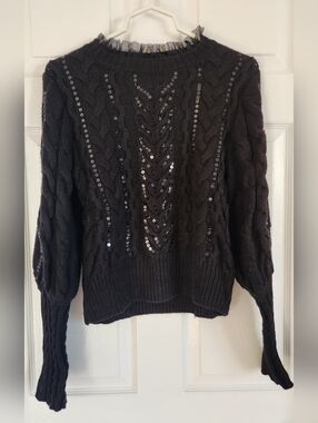 Express Black Sequin Cable-Knit Crewneck Sweater